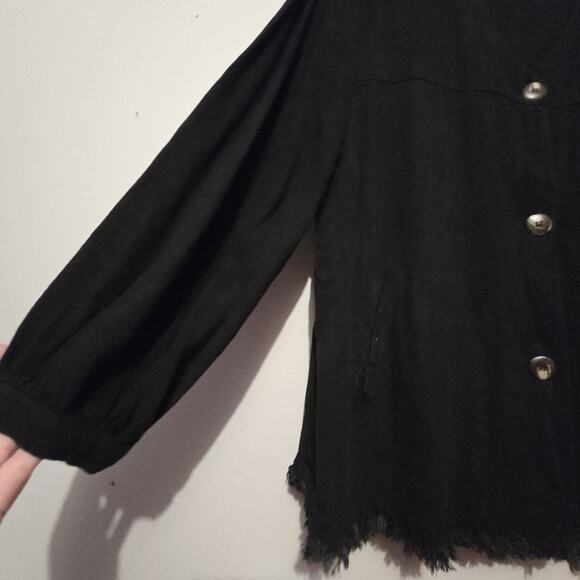 Umgee Linen Blend Jacket Womens MED Black Pockets Frayed Lagenlook Artsy Boho - Picture 2 of 11